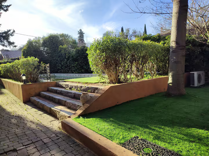 Jardin avec pelouse et arbustes verdoyants.